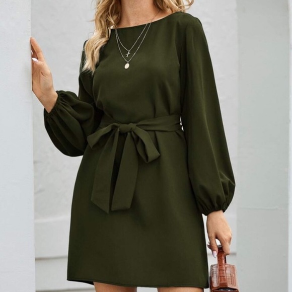 Navy blue lantern long sleeve belted mini dress - Picture 10 of 14